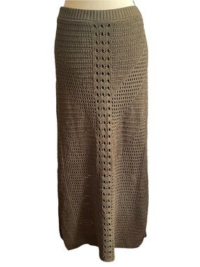 Express Green Brown High Waisted Open Knit Crochet Summer Boho Midi Skirt XL